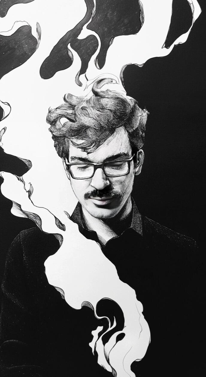 Illustrated portrait of mentalist Teppe Daniels with swirling smoke