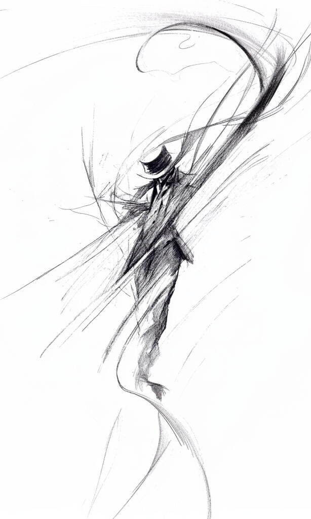 Abstract black-and-white illustration of a dynamic figure or silhouette swirling upward